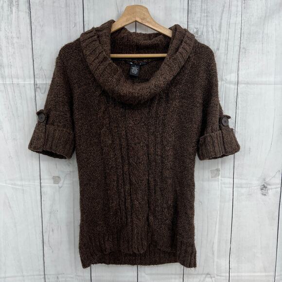 88th & Madison MEDIUM Brown Cable Knit Sweater Sweatshirt Short Roll-Tab Sleeve - Picture 1 of 8